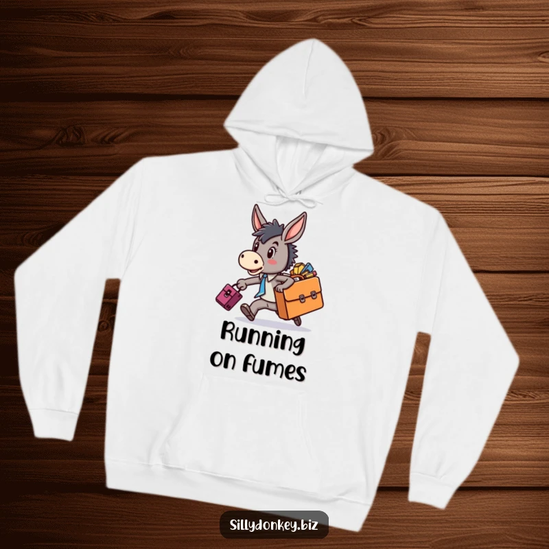 Funny hoodie showcasing a distressed kawaii donkey character running late, briefcase overflowing, perfect for a cozy laugh about daily struggles.