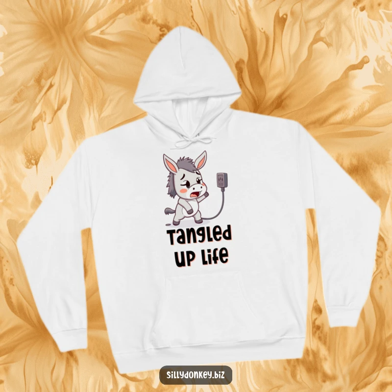 Funny, cozy hoodie featuring a startled kawaii donkey tripping over a power cord, symbolizing comfort after mishaps.