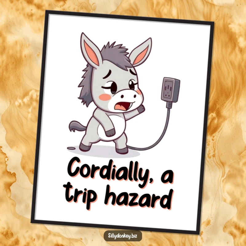 Funny Free Printable Wall Art: Kawaii donkey startled after tripping over a power cord, a humorous and relatable scene.