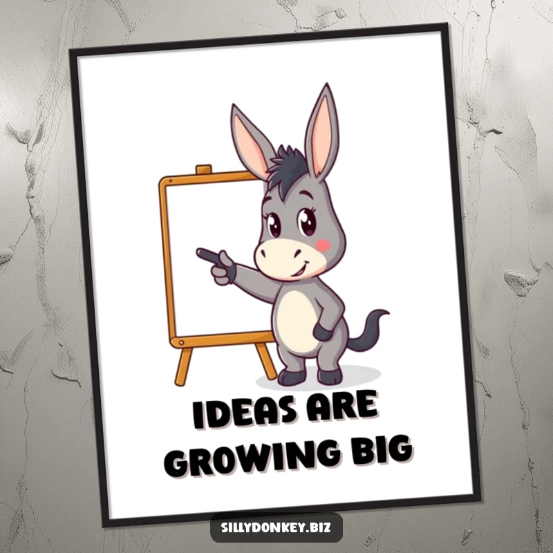 Funny Free Printable Wall Art: kawaii donkey character pointing energetically at a stylized whiteboard, sharing humorous insights and plans.