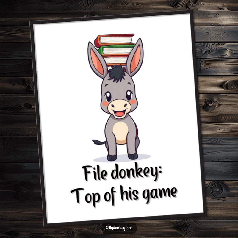 Funny Free Printable Wall Art: Donkey Proudly Balancing a Large Pile of Files on its Head, Humorous Office Decor.
