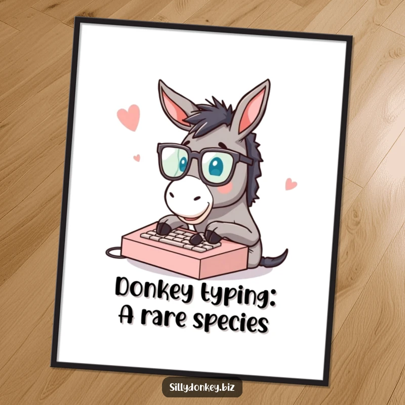 Funny Free Printable Wall Art: Donkey wearing Spectacles, Typing Fast on a Tiny Keyboard, Humorous Office Decor.