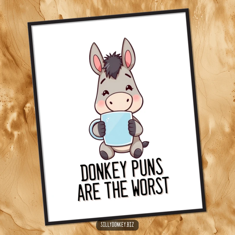 Funny Free Printable Wall Art: A kawaii donkey character holding a coffee mug with a tired yet cheerful expression, ready to relax.