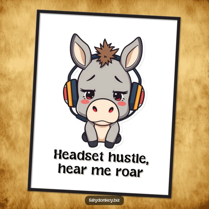 Funny Free Printable Wall Art: Kawaii donkey wearing a headset, looking stressed but determined, a humorous take on modern work life.