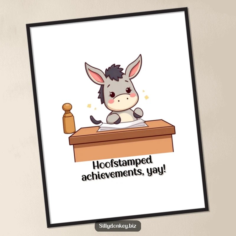 Funny Free Printable Wall Art: Kawaii donkey enthusiastically stamping papers with its hoof, creating a vibe of joy and productivity.