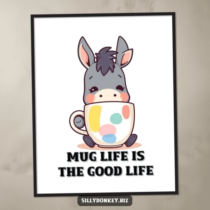 Funny Free Printable Wall Art: kawaii donkey character happily sipping from an abstract coffee mug, radiating calm and contentment.