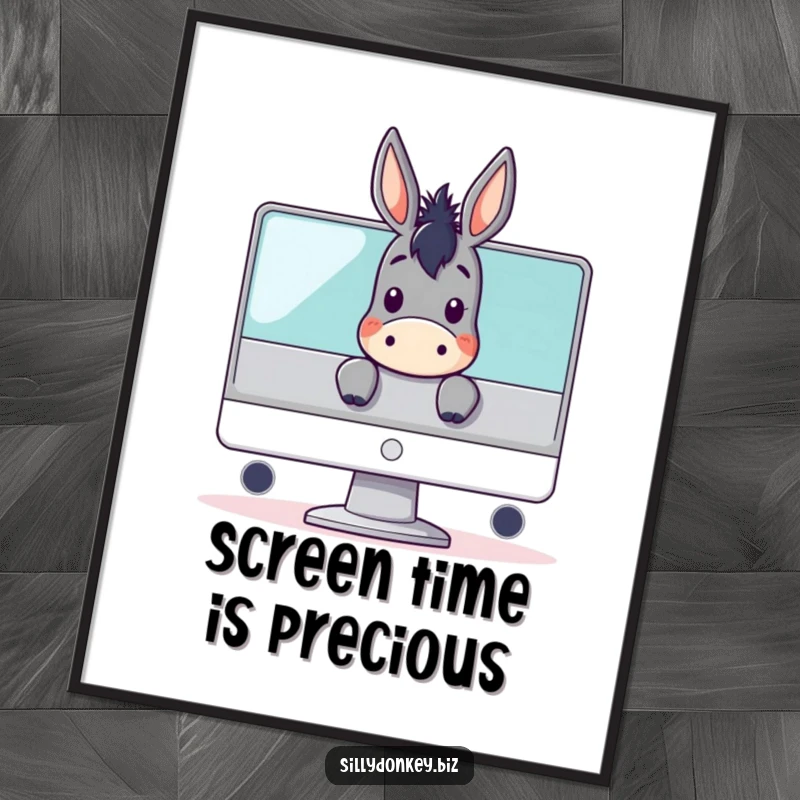 Funny Free Printable Wall Art: kawaii donkey character peeking over a large computer monitor, conveying curiosity and tech humor.