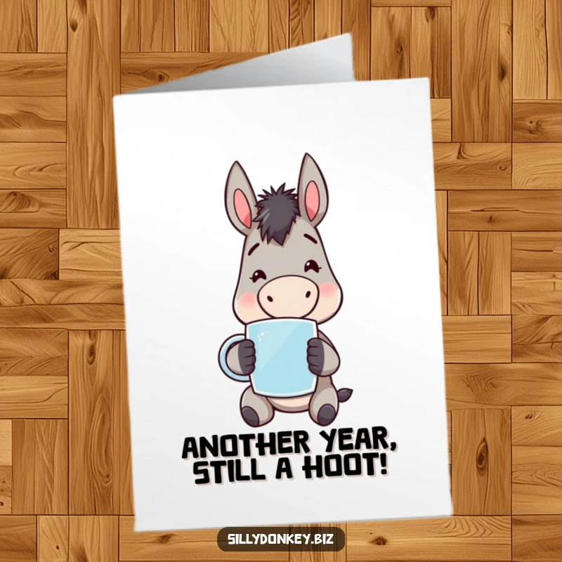 Funny Free Printable Birthday Card featuring a cute kawaii donkey with a mug, looking tired but happy, ready for a birthday wish.