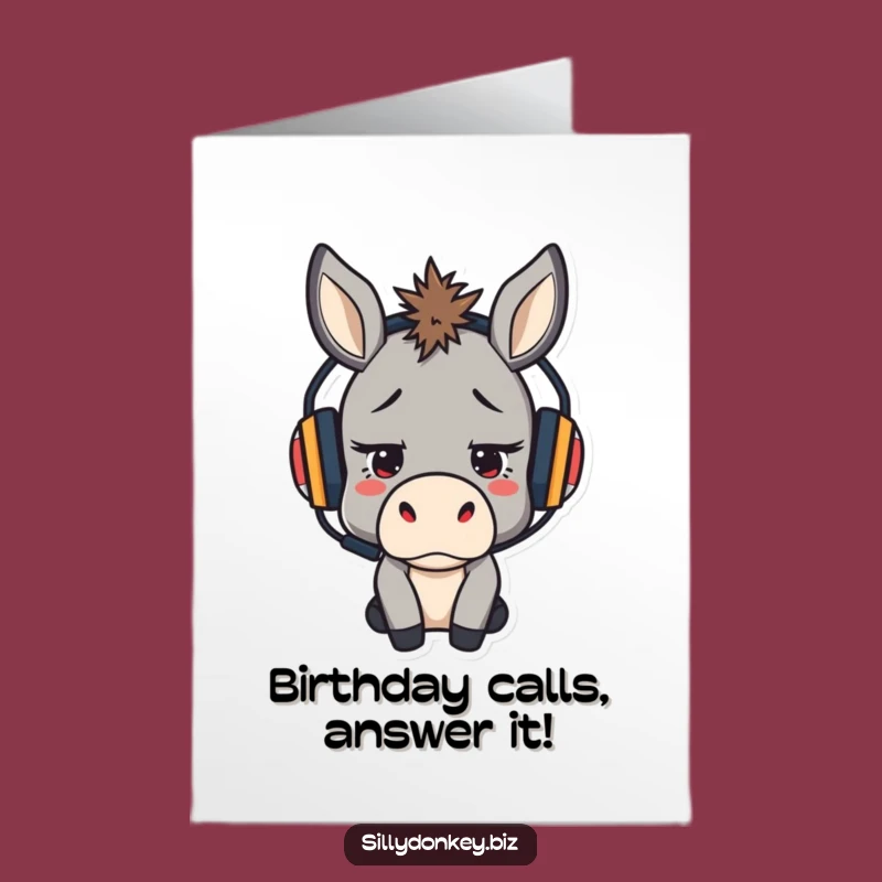 Funny Free Printable Birthday Card: Stressed Donkey with Headset for a Relatable Greeting