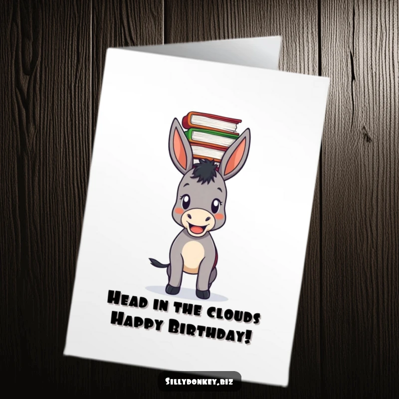 Funny Free Printable Birthday Card: Donkey Proudly Balancing a Tall Stack of Files on its Head, Office Humor Download.