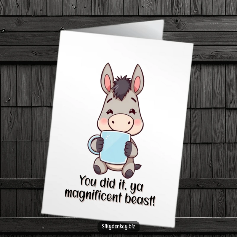 Funny Free Printable Congratulations Card: A kawaii donkey holding a mug, expressing weary optimism and heartfelt congrats.