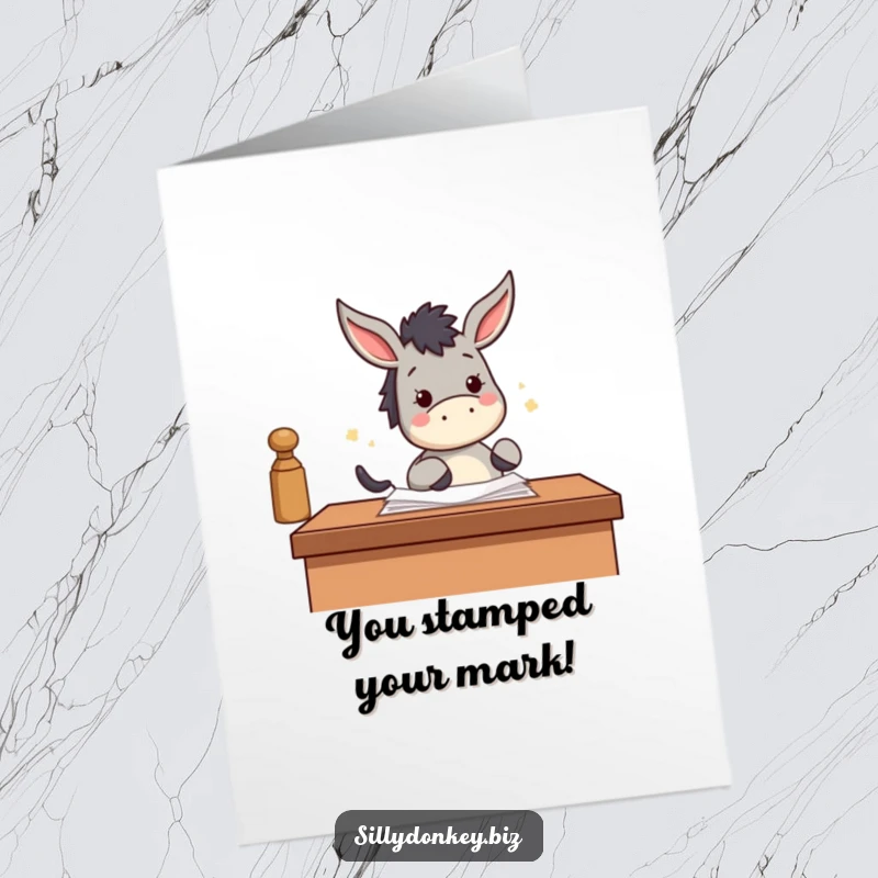 Funny Free Printable Congratulations Card: Kawaii donkey enthusiastically stamping papers with its hoof, celebrating a job well done.