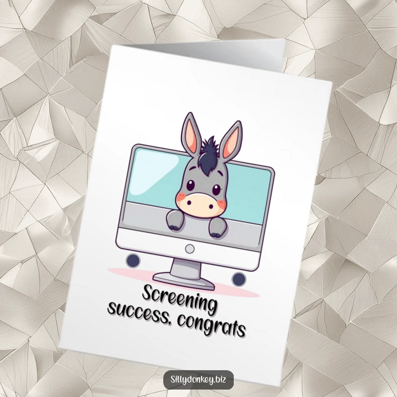 Funny Free Printable Congratulations Card: kawaii donkey character peeking over a large computer monitor, celebrating with a cheeky grin.