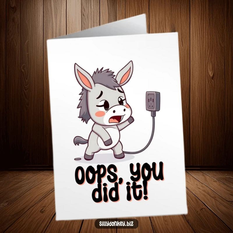 Funny Free Printable Congratulations Card: Kawaii donkey startled after tripping over a power cord, symbolizing overcoming unexpected hurdles.