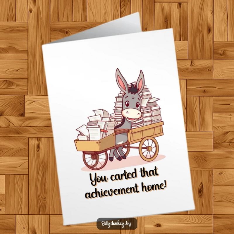 Funny Free Printable Congratulations Card: Donkey Happily Pushing a Cart Laden with Documents, Success Humor Download.
