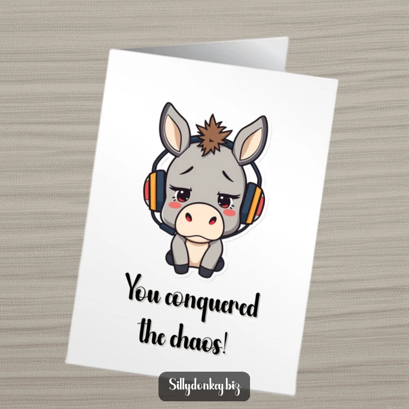 Funny Free Printable Congratulations Card: Kawaii donkey wearing a headset, looking stressed but determined, symbolizing resilience and achievement.