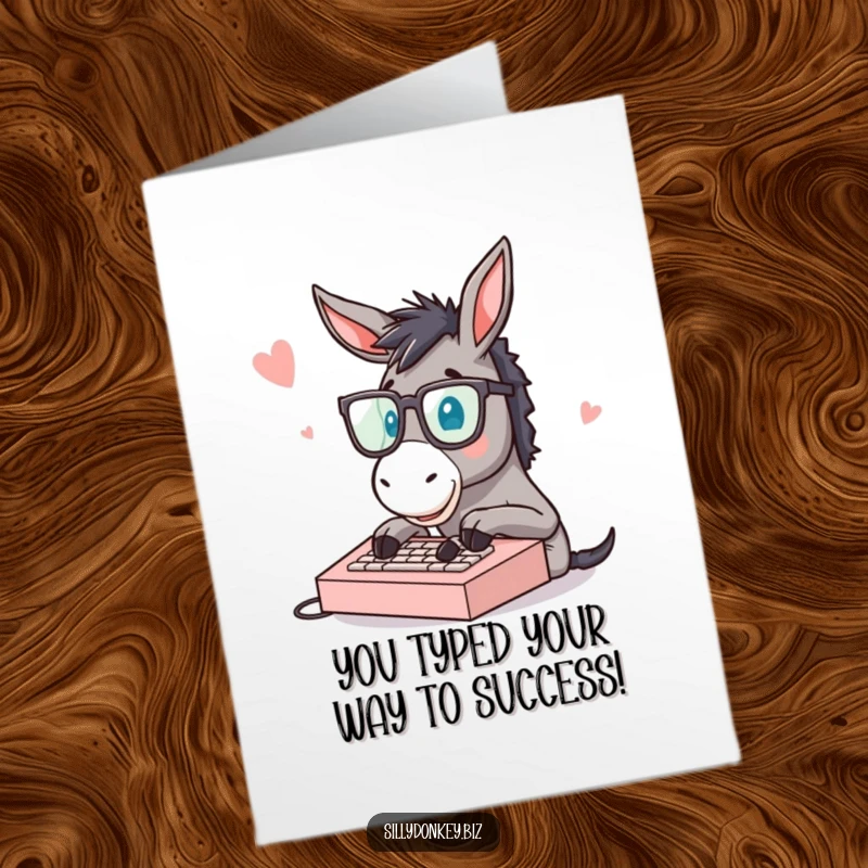 Funny Free Printable Congratulations Card: Donkey with Glasses Typing Fast on Small Keyboard, Professional Humor Download.