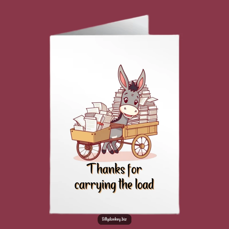 Free Printable Thank You Card: Donkey Pushing Paperwork, Express Gratitude with Humor!