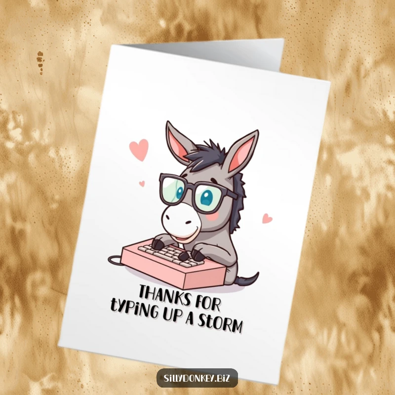 Funny Free Printable Thank You Card: Donkey Typing Quickly on Small Keyboard, Humorous Appreciation Download.