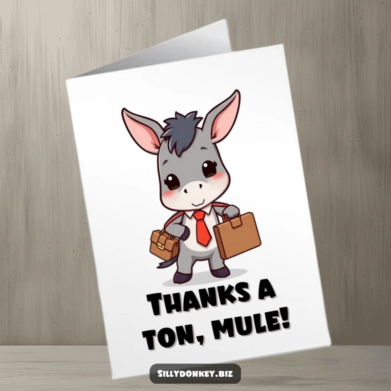 Funny Free Printable Thank You Card: Kawaii donkey in a tie, struggling with a bulging briefcase, showing gratitude for hard efforts.