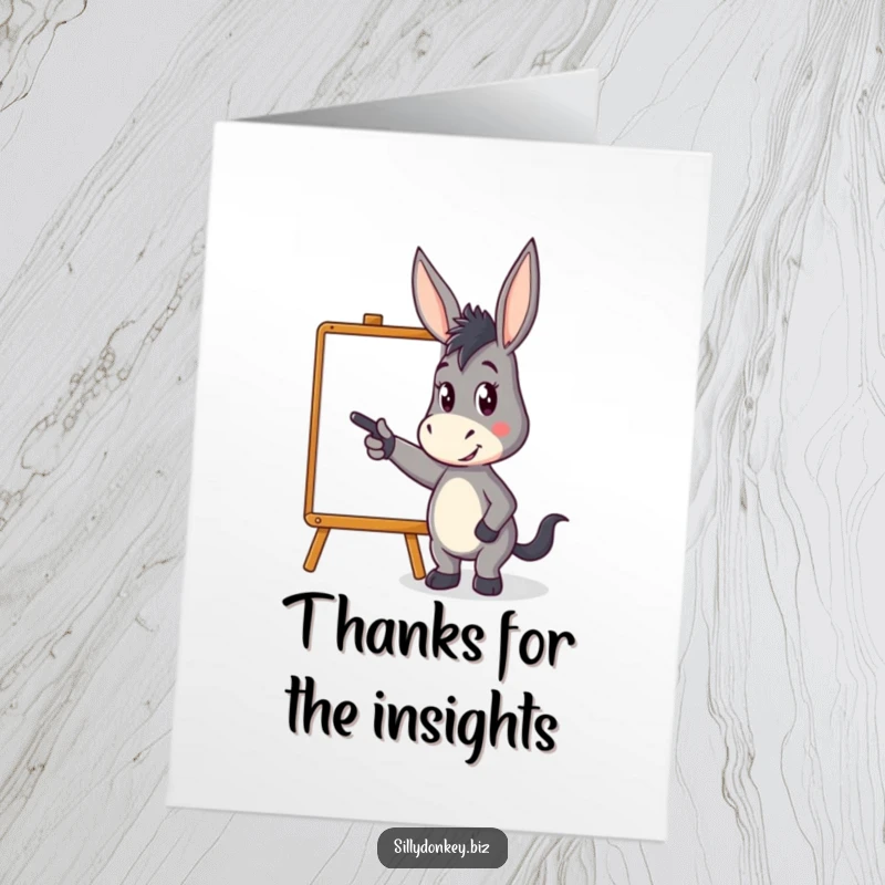 Funny Free Printable Thank You Card: kawaii donkey character pointing energetically at a stylized whiteboard, conveying thanks with enthusiasm.