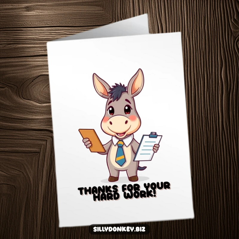 Adorable Free Printable Thank You Card: Kawaii donkey in office tie, holding clipboard, expressing organized thanks.