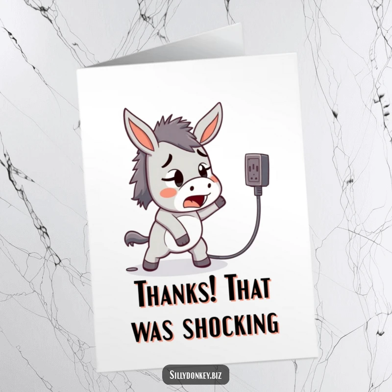 Funny Free Printable Thank You Card: Kawaii donkey startled after tripping over a power cord, a lighthearted way to say thanks.