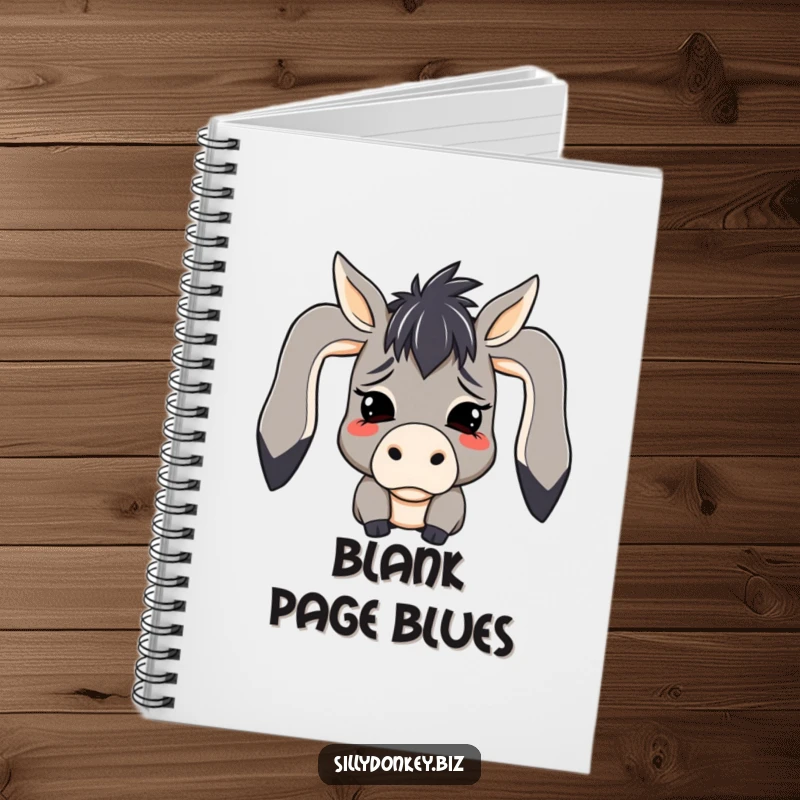 Funny notebook showcasing a kawaii donkey character with ears dramatically flopped in mock despair, ideal for note-taking and humor.