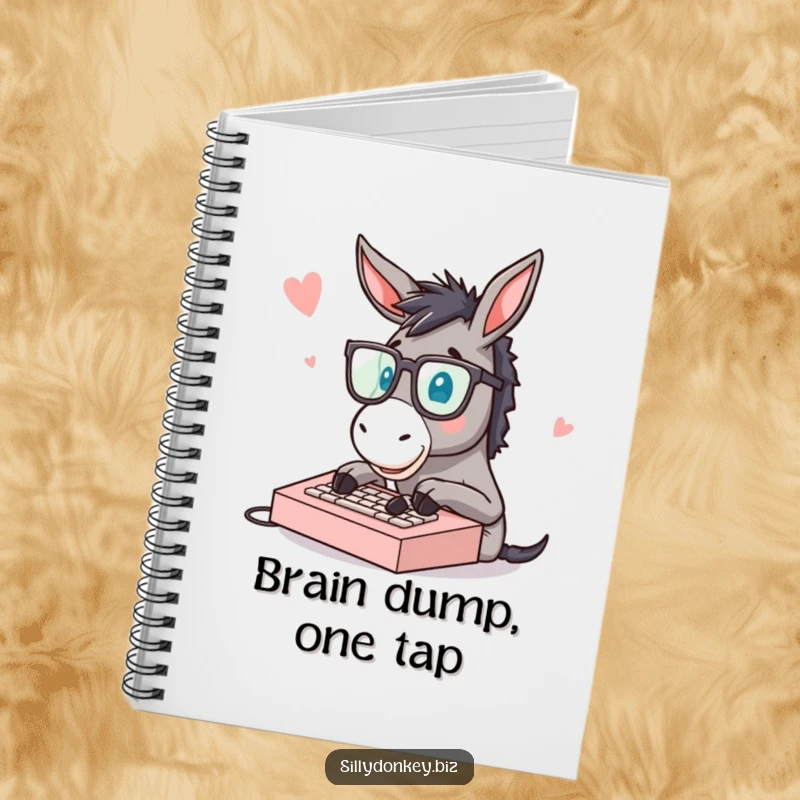 Funny notebook cover with a donkey wearing spectacles, typing fast on a tiny keyboard, ideal for journaling or notes.