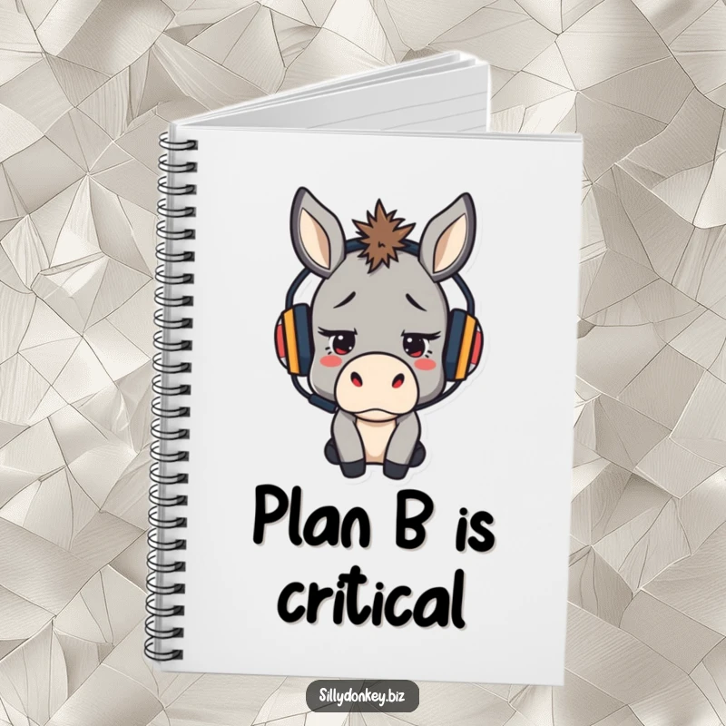 Funny notebook with a stressed but determined kawaii donkey wearing a headset, perfect for focused note-taking.