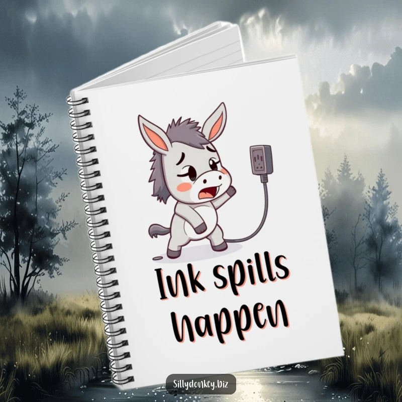 Funny notebook with a startled kawaii donkey tripping over a power cord, perfect for documenting life’s mishaps.
