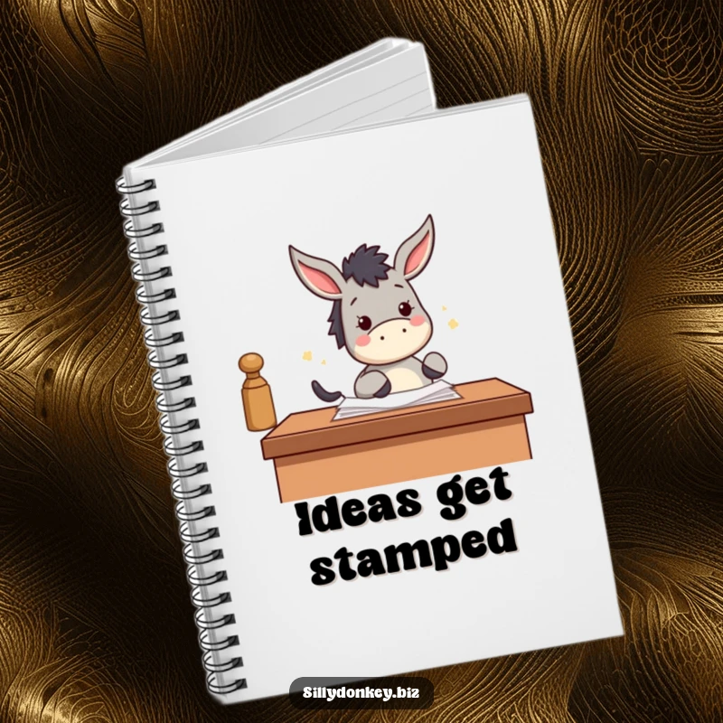 Funny notebook with a kawaii donkey enthusiastically stamping papers with its hoof, perfect for productive note-taking.