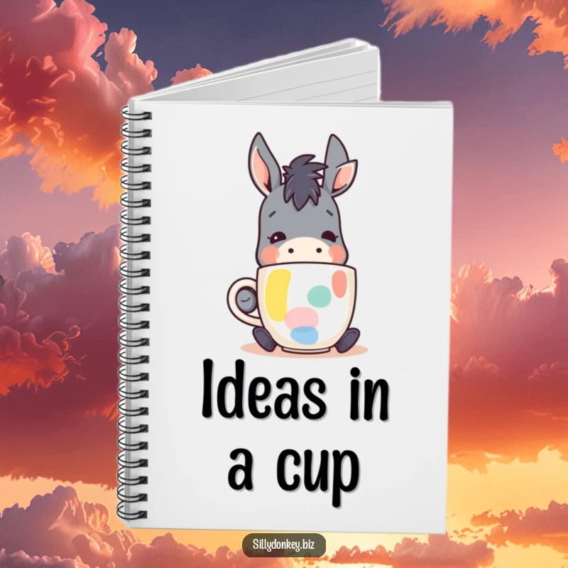 Funny notebook with a kawaii donkey character happily sipping coffee from an abstract mug, perfect for note-taking and coffee-themed fun.