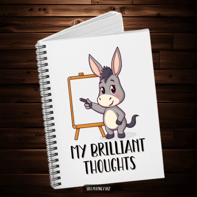 Funny notebook with a kawaii donkey character pointing energetically at a whiteboard, perfect for note-taking and planning with humor.