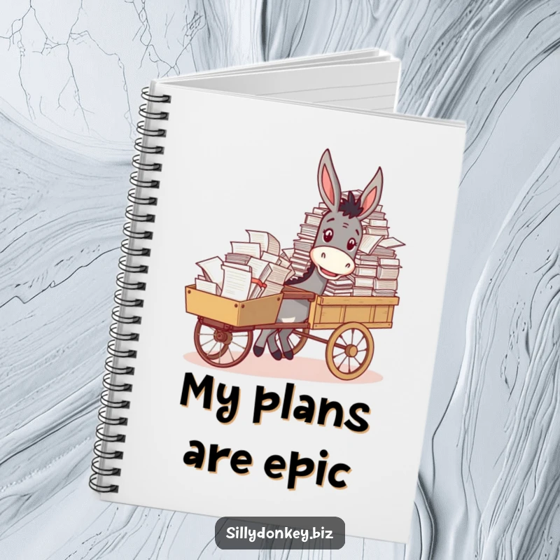 Funny notebook cover showing a happy donkey pushing a cart overflowing with documents, great for notes.