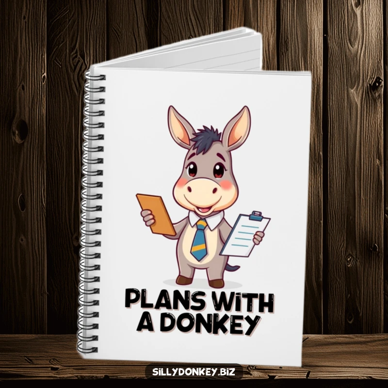Funny notebook with a kawaii donkey in an office tie, enthusiastically holding a clipboard, perfect for organized and funny note-taking.