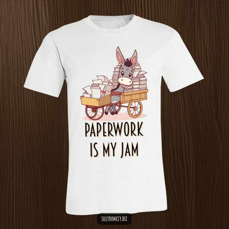 Funny t-shirt graphic of a donkey gleefully pushing a cart loaded with documents, perfect for office humor.