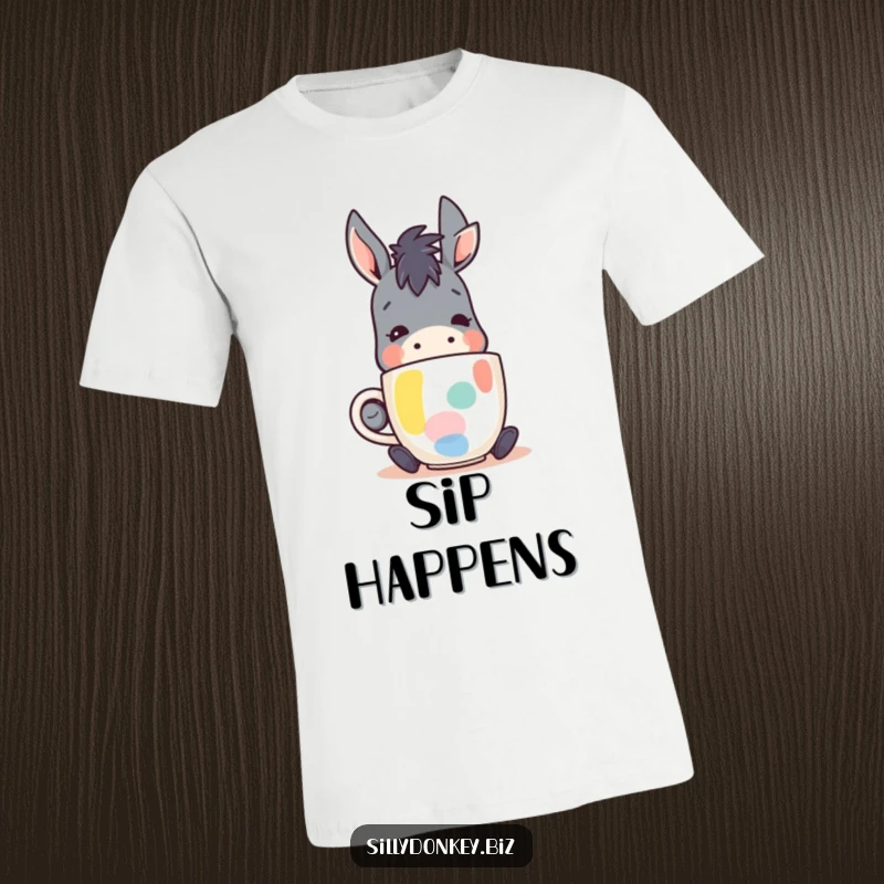 Funny t-shirt with a kawaii donkey character happily sipping coffee from an abstract mug, celebrating the joy of a good cup.