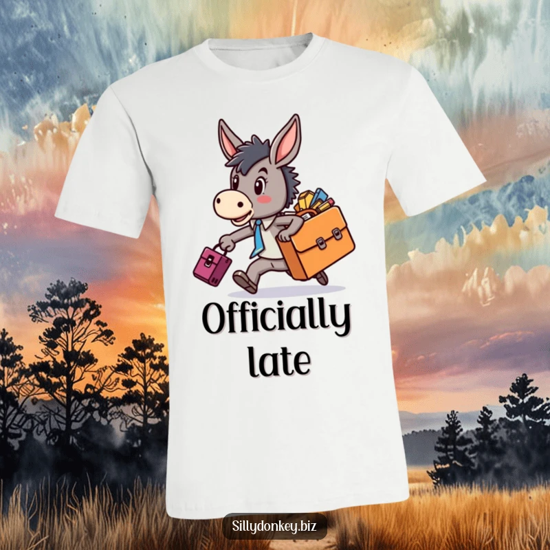 Funny t-shirt with a kawaii donkey character in a mad dash, briefcase spilling documents, capturing the essence of a hectic workday.