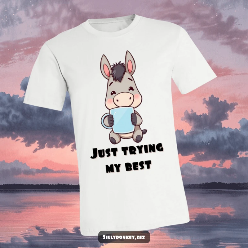 Funny kawaii donkey character, looking weary but cheerful, holding a mug, printed on a soft graphic tee. Humorous apparel.
