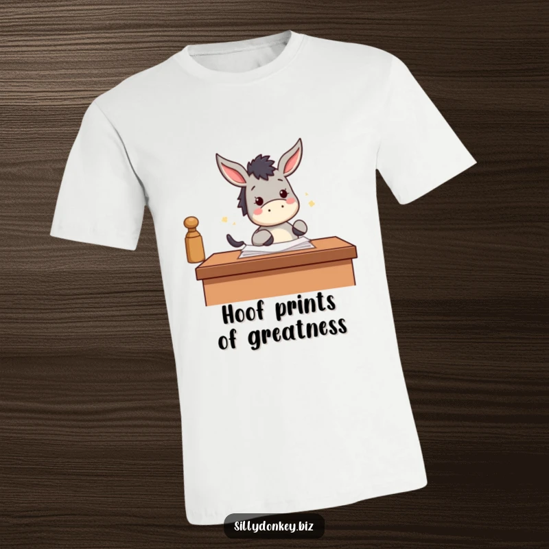 Funny t-shirt with a cute, energetic kawaii donkey stamping papers with its hoof, representing cheerful productivity.