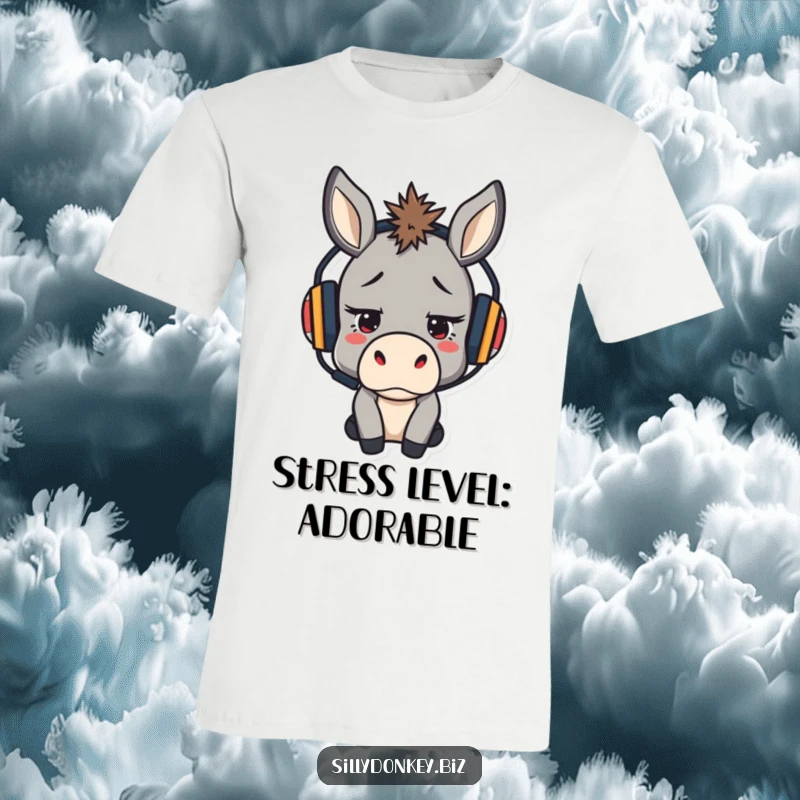 Funny t-shirt with a cute, stressed kawaii donkey wearing a headset, looking determined, embodying resilience.