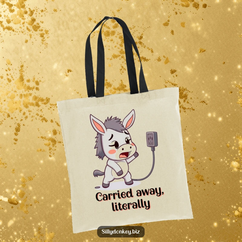 Funny tote bag with a startled kawaii donkey tripping over a power cord, ideal for carrying daily items.