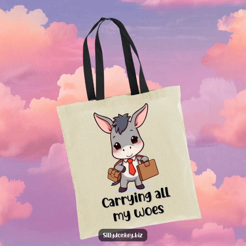 Funny tote bag with a kawaii donkey in a tie, struggling with a bulging briefcase, ideal for carrying daily items.