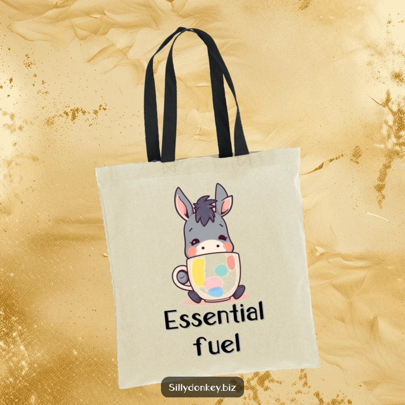 Funny tote bag showcasing a kawaii donkey character happily sipping coffee from an abstract mug, ideal for daily errands and coffee enthusiasts.