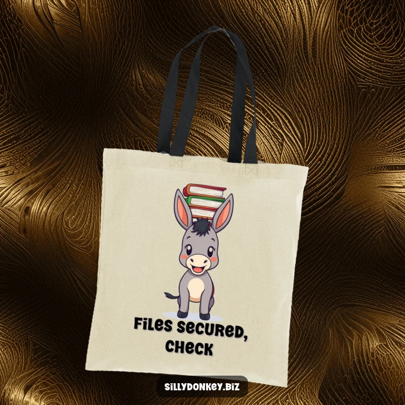 Funny tote bag showing a pleased donkey balancing a large stack of files on its head, a humorous carry-all.
