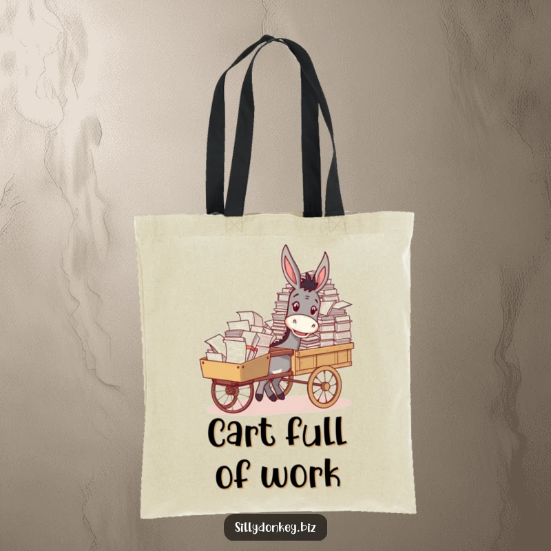 Funny tote bag showing a happy donkey pushing a cart brimming with paperwork, a humorous accessory for organizers.