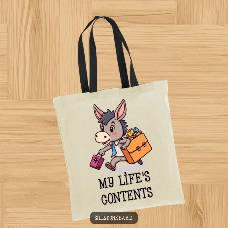 Funny tote bag design with a kawaii donkey character rushing frantically, briefcase overloaded, ideal for everyday errands and a touch of humor.