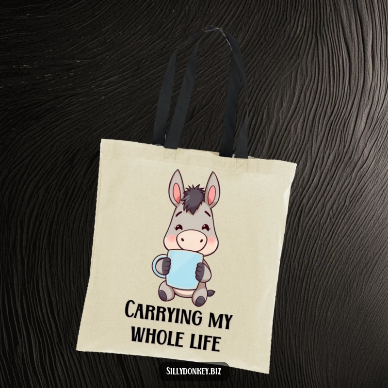 Funny kawaii donkey character holding a mug, looking weary but cheerful, printed on a sturdy tote bag. Humorous everyday accessory.