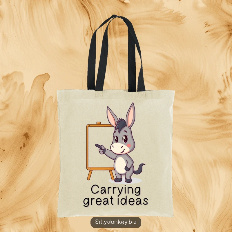 Funny tote bag with a kawaii donkey character pointing energetically at a whiteboard, ideal for carrying essentials and inspiring others.